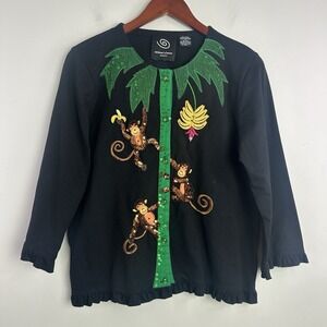 Michael Simon Sequin Monkeys Cardigan Sweater Large Black Art to Wear